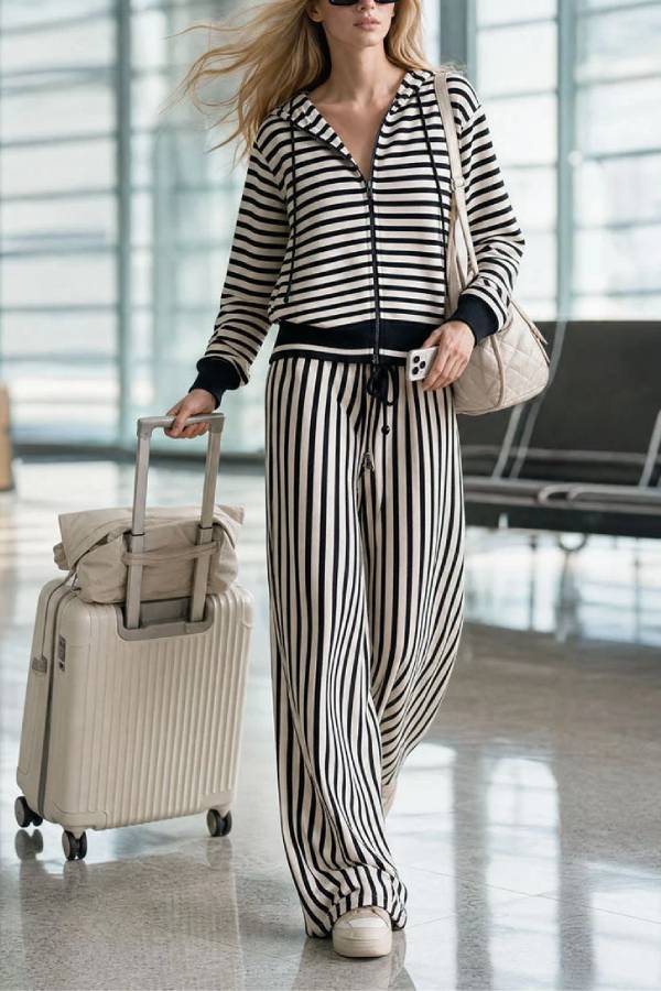 Black White Stripe Zip Up Hoodie Wide Leg Pants Two Piece