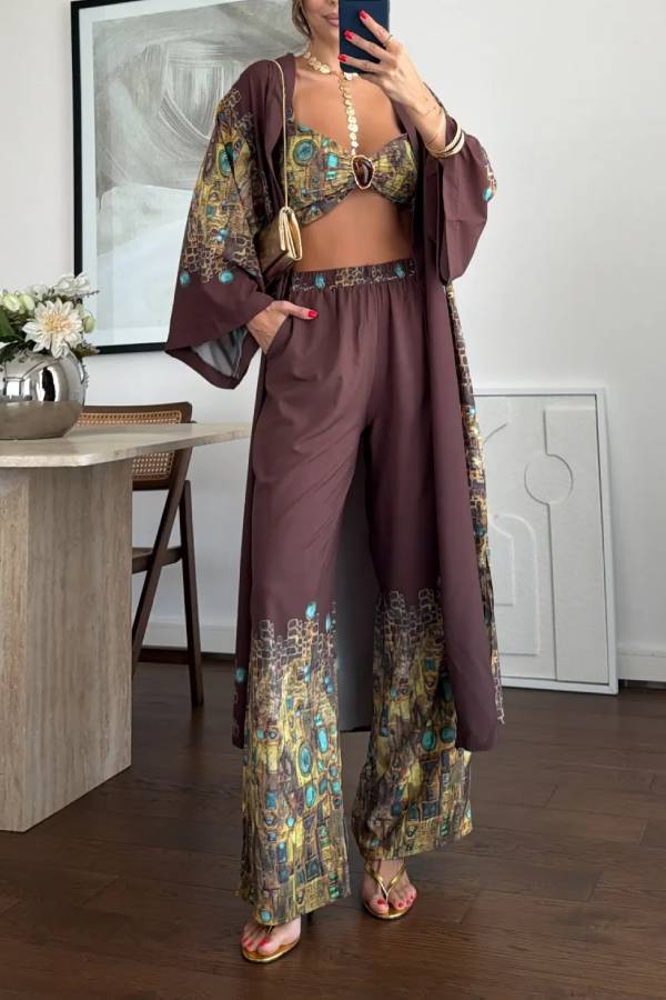 Vintage Print Kimono Cami Wide‑Leg Pants Three‑Piece Set