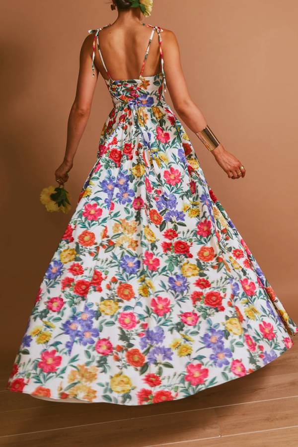Spaghetti Strap Tie-Back Floral Print Waist-Cinched Maxi Dress