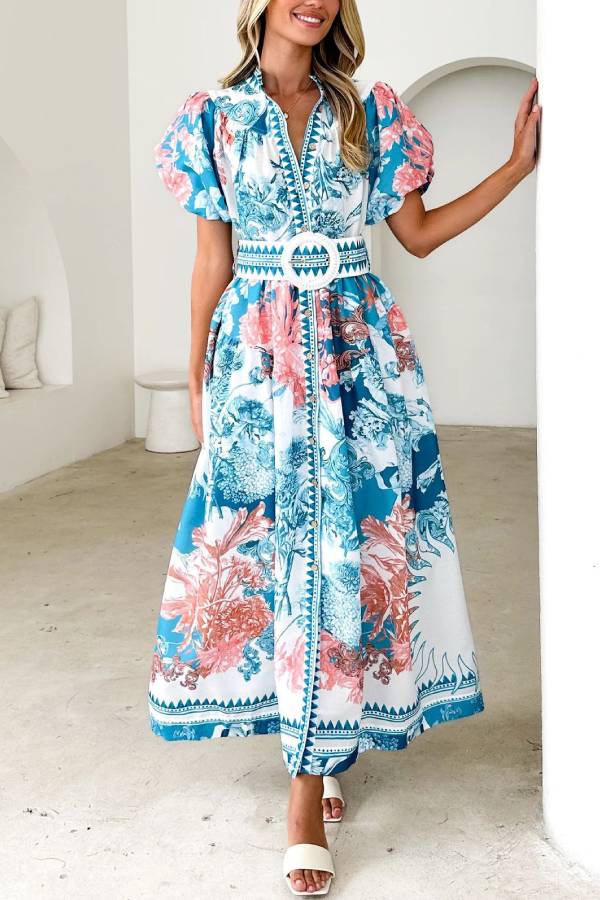 Blue Pink Floral Print Puff Sleeve Stand Collar Waisted Maxi Vacation Dress with Matching Belt
