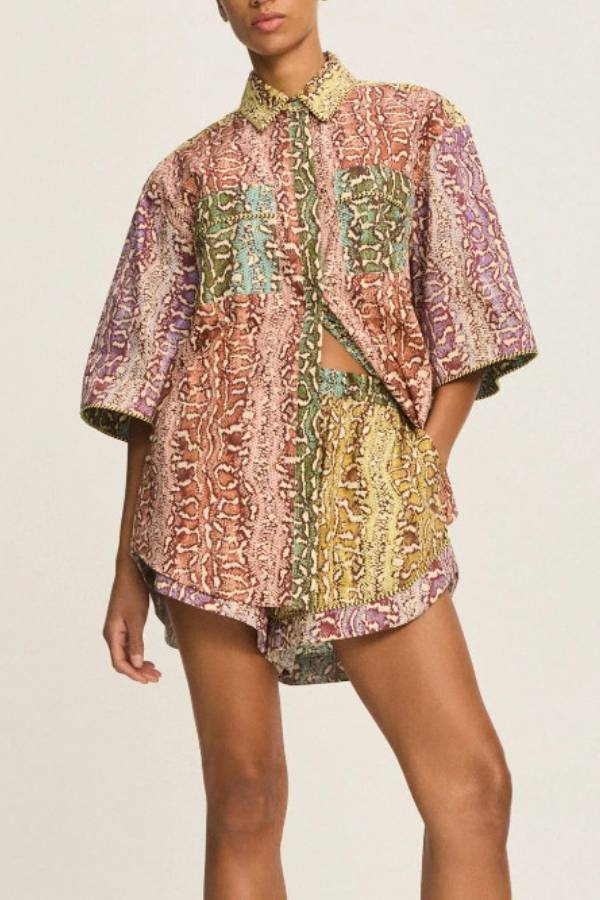 Color Block Snake Print Collar Half Sleeve Shirt & Shorts Set