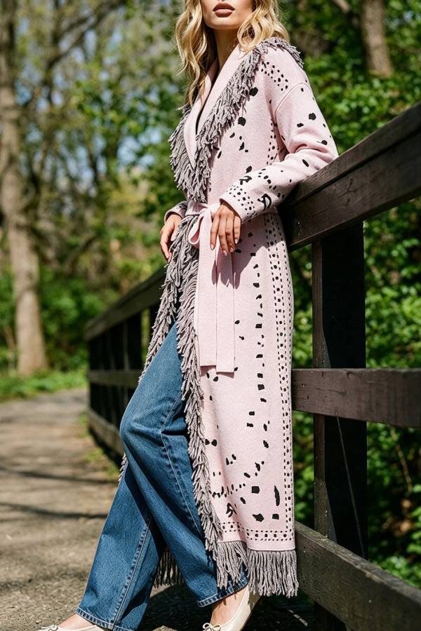 Lennie Bandana Knit Printed Fringe Shawl Collar Long Sleeve Belted Duster Cardigan