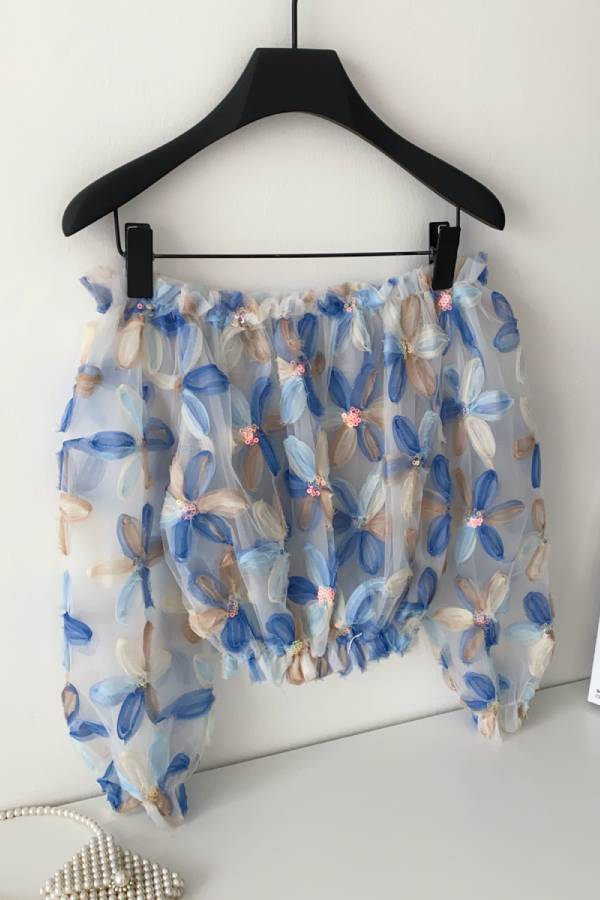 3D Floral Mesh Off Shoulder Blouse
