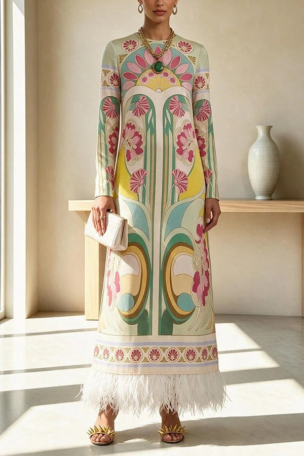 Cecilia Satin Colorful Baroque Style Printed Long Sleeve Feather Trim Maxi Dress