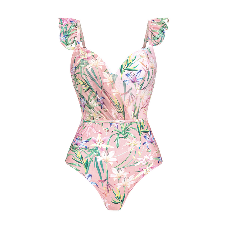 swimgirls Floral Print One Piece Swimsuit and Mesh Splicing Sarong