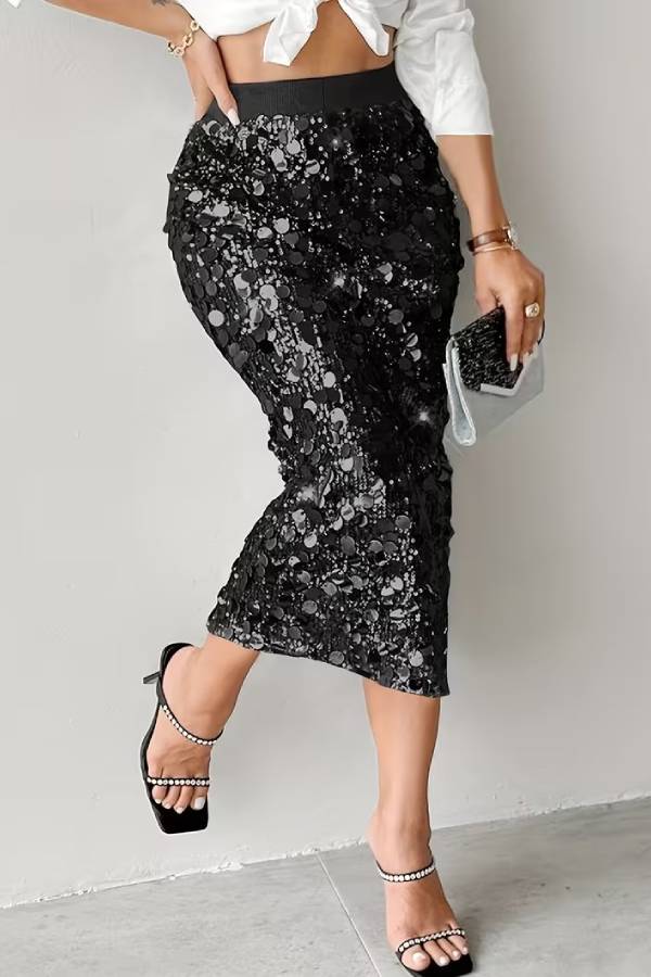 Silver Sequin Bodycon Midi Skirt