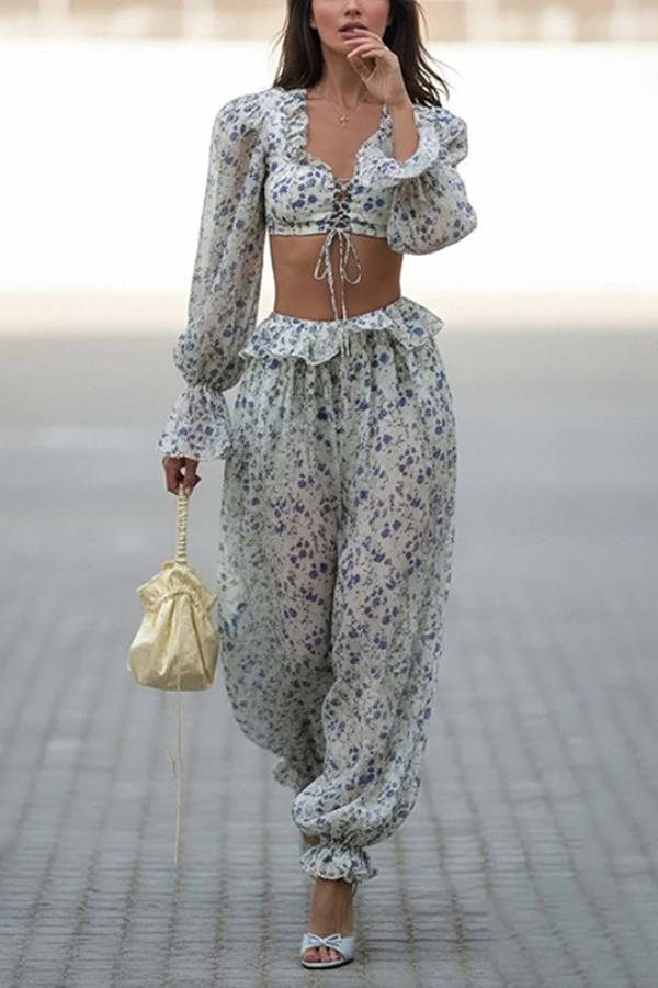 Floral Lace‑Up Crop Top & Jogger Pants Two‑Piece Set