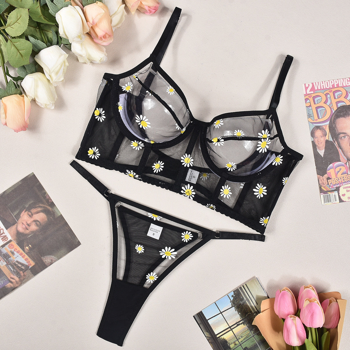 Sexy lingerie mesh embroidered flower underwire fishbone sexy suit