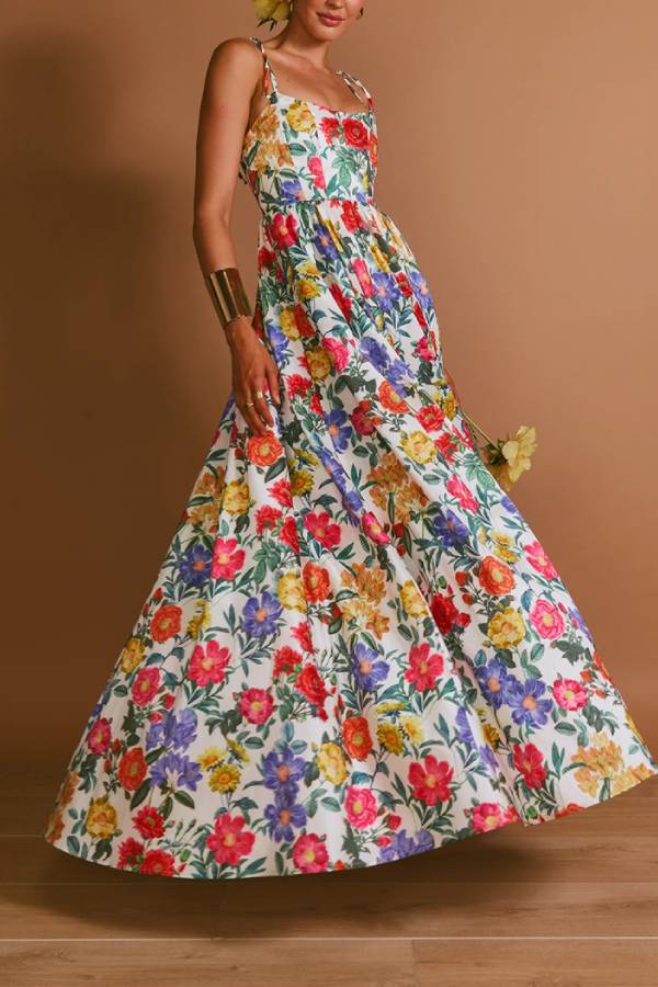Spaghetti Strap Tie-Back Floral Print Waist-Cinched Maxi Dress