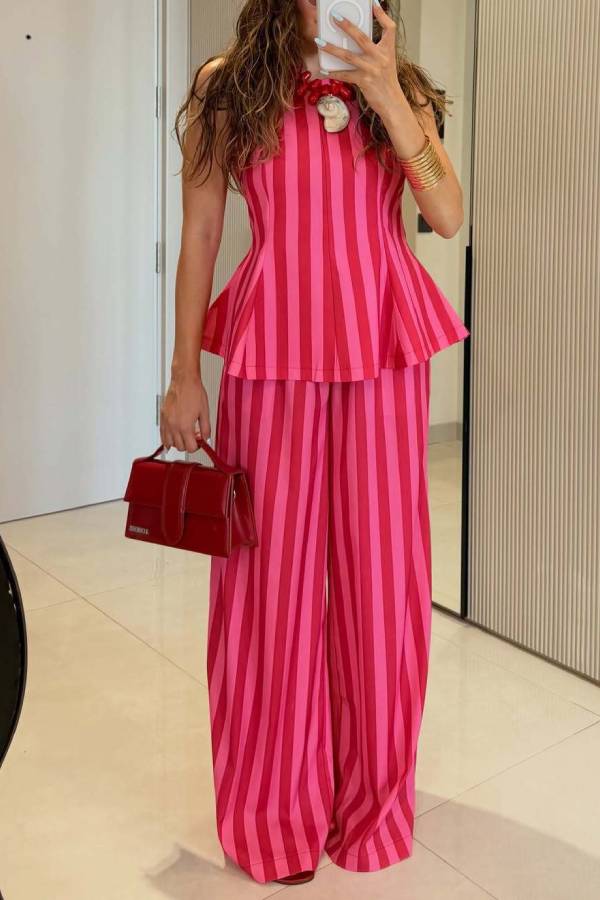 Sleeveless Striped Peplum Top & Wide Leg Pants Two Piece Set
