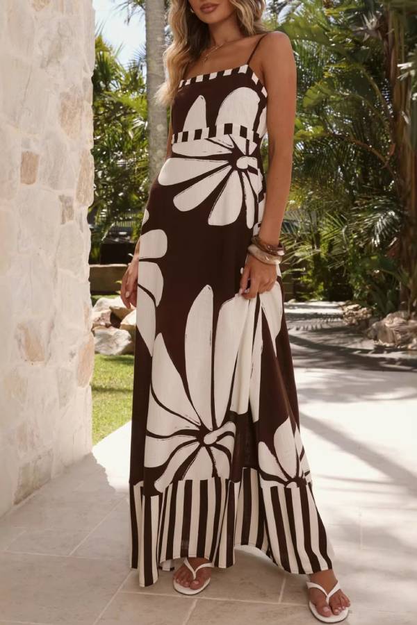 Brown and White Floral Print Cami Maxi Dress