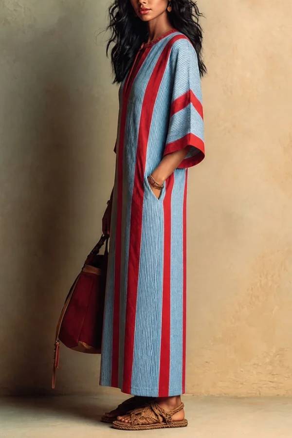 Casual Red and Blue Striped V-Neck Loose Fit Midi Dress