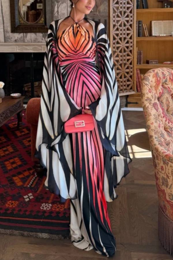 Ombre Butterfly Wing Print Halter Maxi Dress with Flowing Cape Sleeves