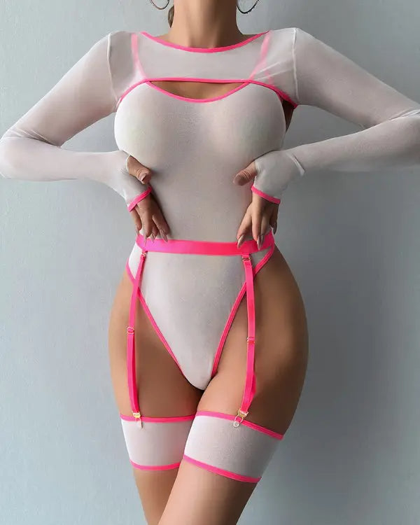 Sheer Mesh Garter Teddy With Long Sleeve Top