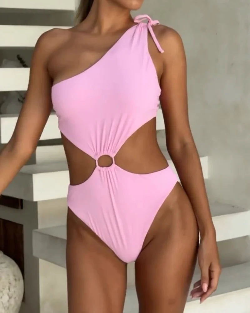 Women's Solid Color One Shoulder Waist Hollow One Piece Swimsuit