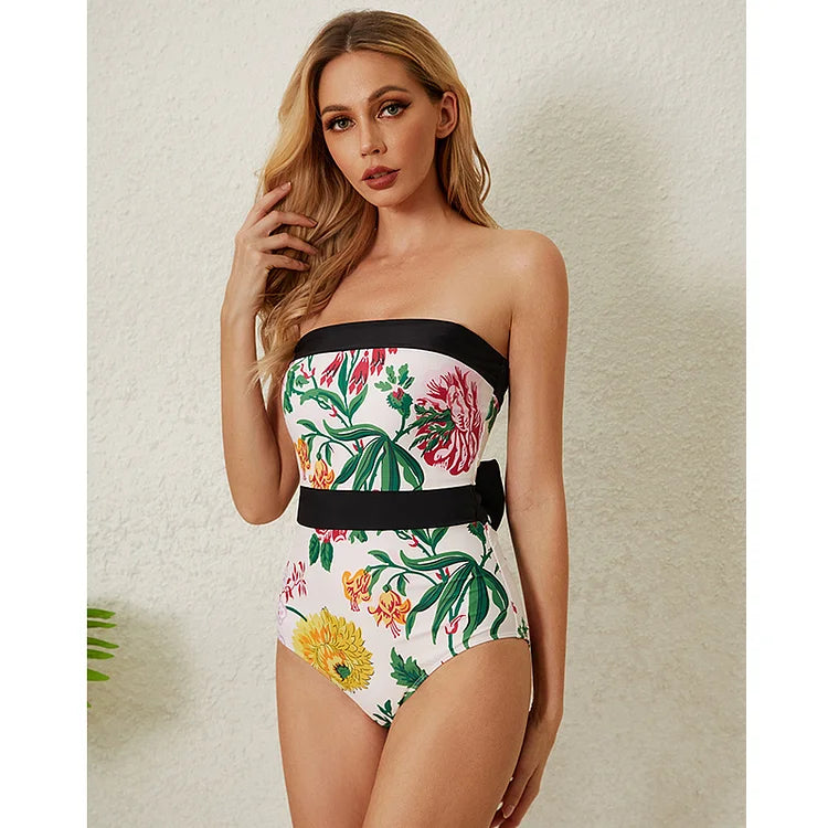 Off Shoulder Back Bow Tie Color Block Printed One Piece Swimsuit and Skirt