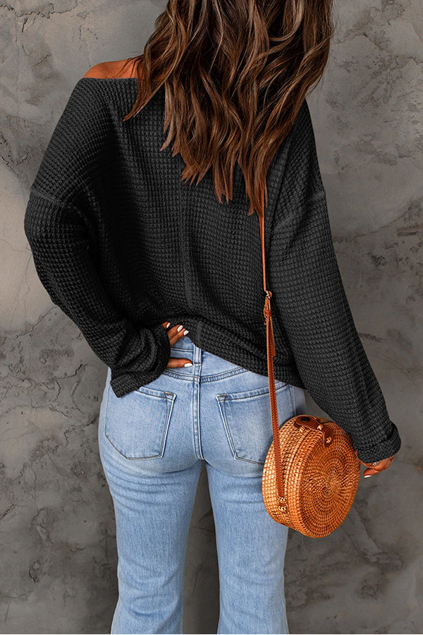 Dusk Blue Waffle Split V Neck Drop Shoulder Long Sleeve Top