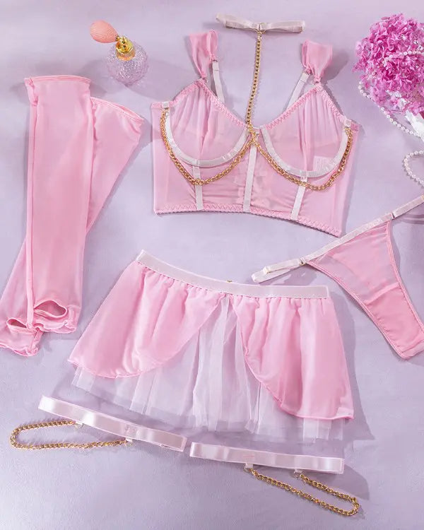 Chain Decor Sheer Mesh Lingerie Set