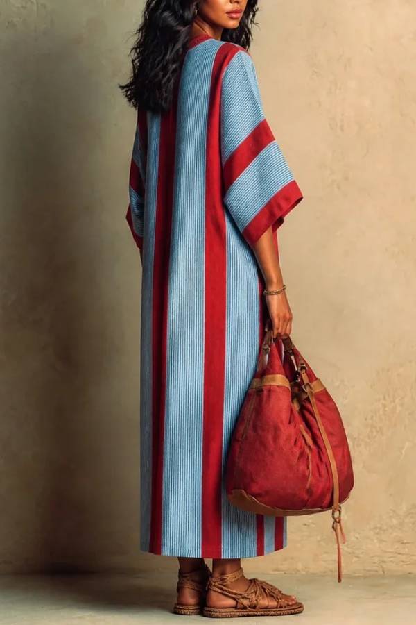 Casual Red and Blue Striped V-Neck Loose Fit Midi Dress