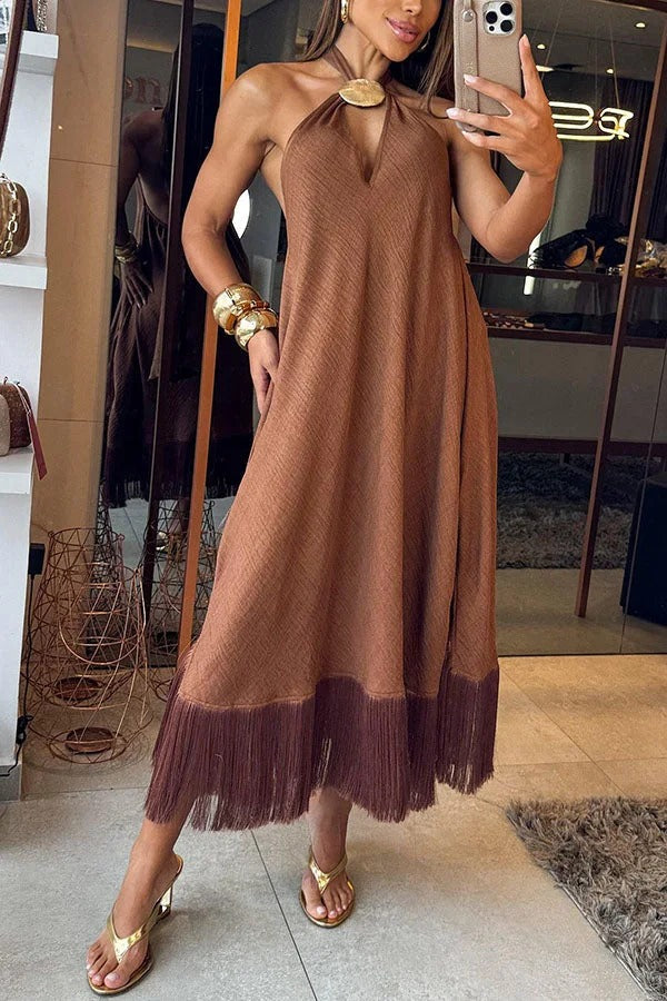 Vacation Vibe Metal Decoration Tassel Trim Halter Backless A-line Maxi Dress