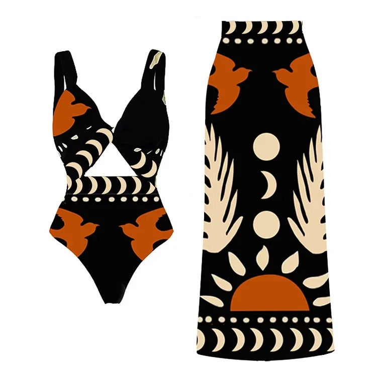 V Neck Cut Out Printed One Piece Swimsuit and Skirt