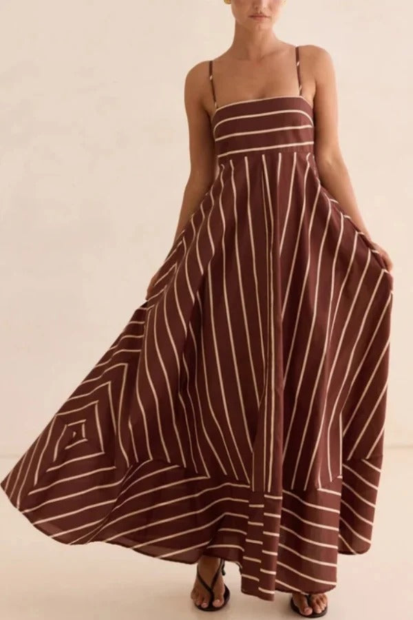 Striped Print Square Neck Spaghetti Strap High Waist Casual Maxi Dress