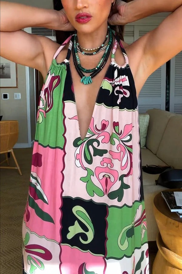 Vacation Night Unique Color-block Print U-shaped Shoulder Strap Maxi Dress