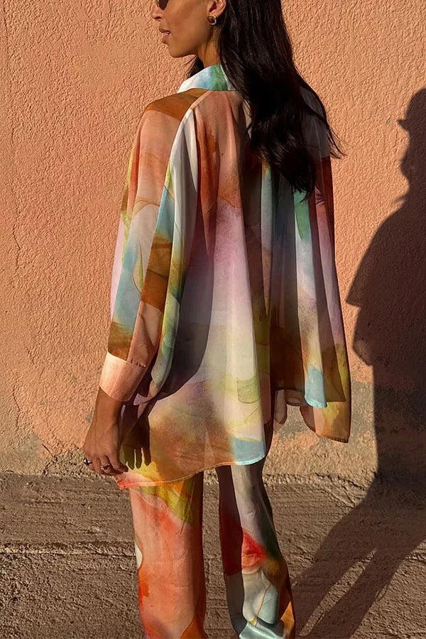 Vacation View Colorful Abstract Print Button Long Batwing Sleeve Oversized Blouse