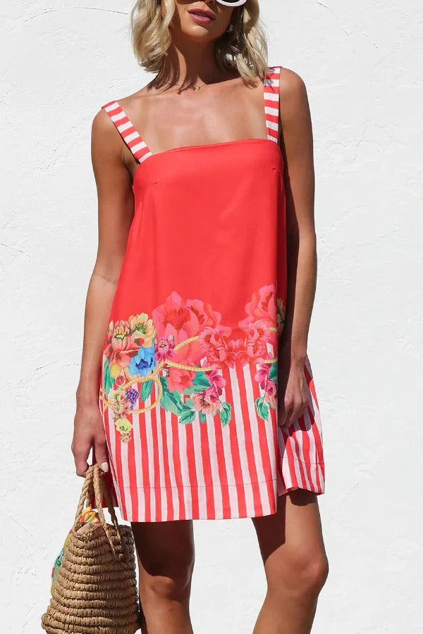 Floral Striped Print Square Neck Backless Loose Mini Dress
