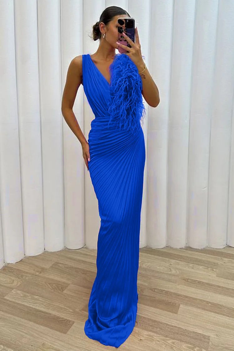 V Neck Feather Trim Pleated Prom Maxi Dresses