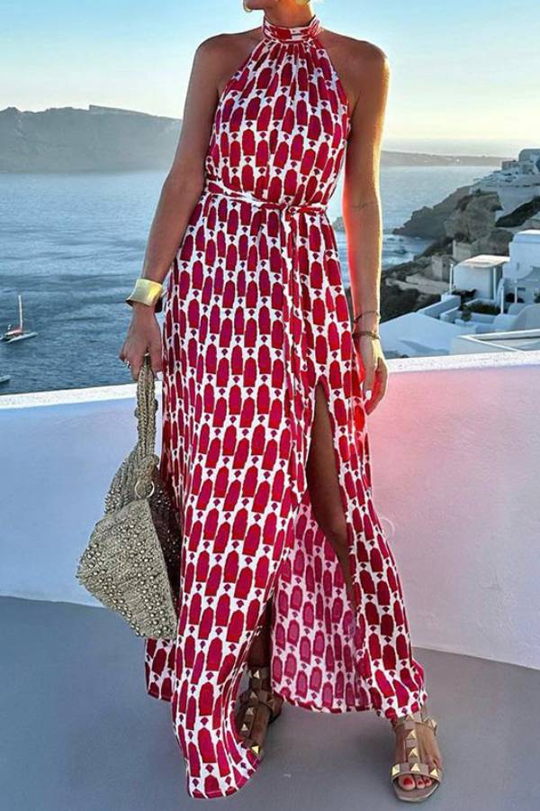 Sexy And Fashionable Printed Halter Neck Beach Slit Midi Dress