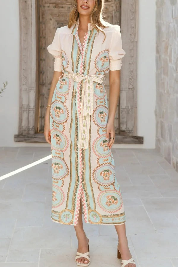 Unique Printed Puff Sleeve Button Lace Up Vacation Maxi Dress