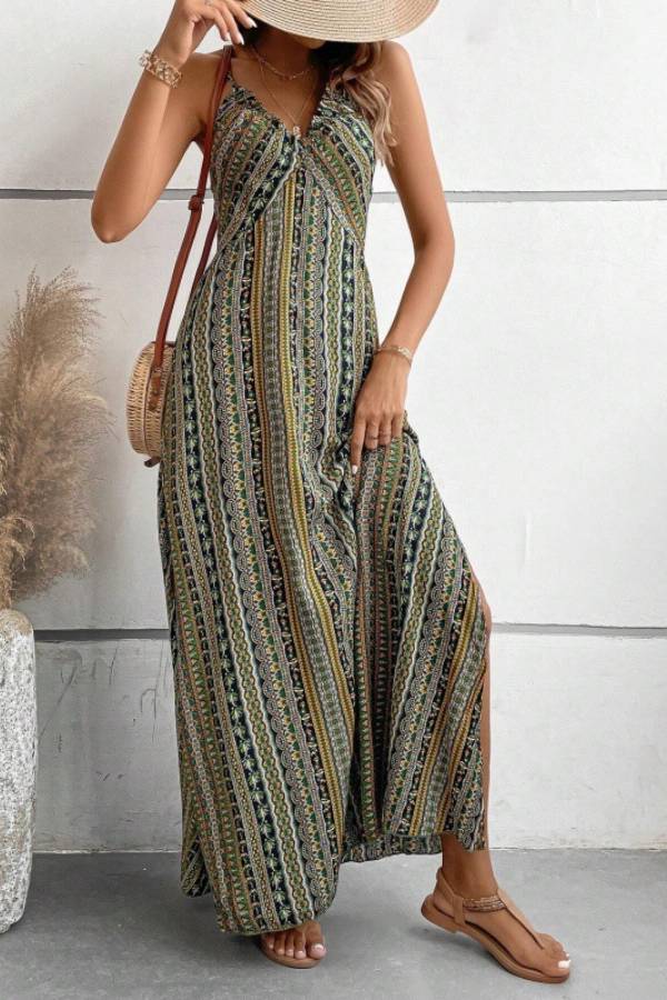 Bohemian Striped Cross-Back Maxi Dress
