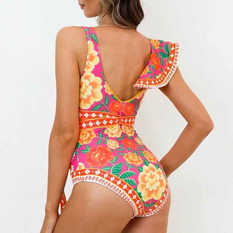 One-shoulder Ruffled Contrast Print One Piece Swimsuit