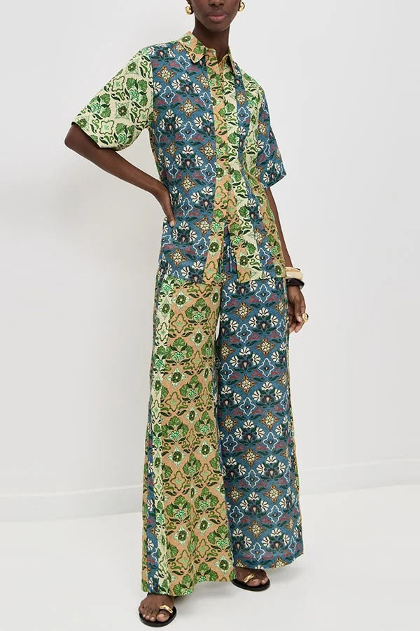 Colorblock Linen Blend Floral Print Short Sleeve Loose Blouse and Elastic Waist Pocket Wide Leg Pants Set
