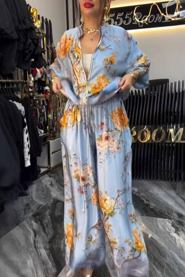 Light Blue Floral Print Zip Top & Wide Leg Pants Set