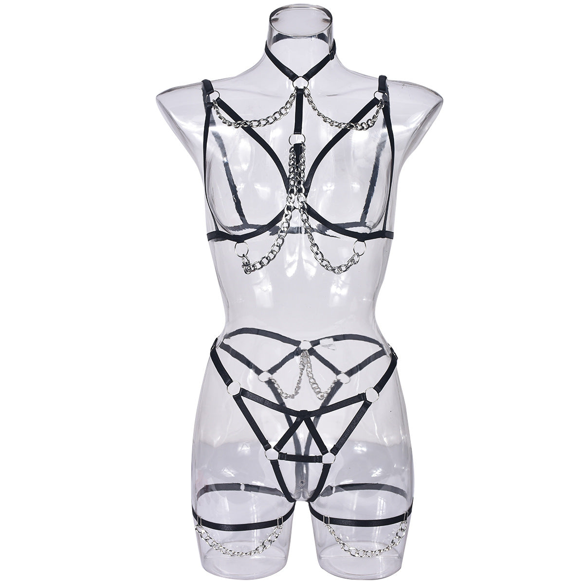 Erotic lingerie, sexy and tempting breast-exposed metal chain three-piece set