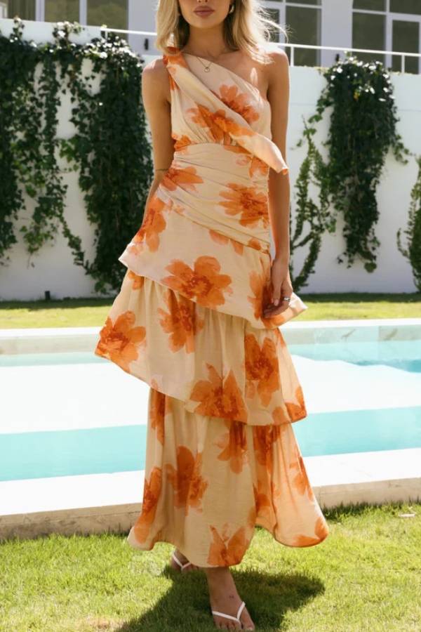 Floral One Shoulder Bow Tiered Cake Dress