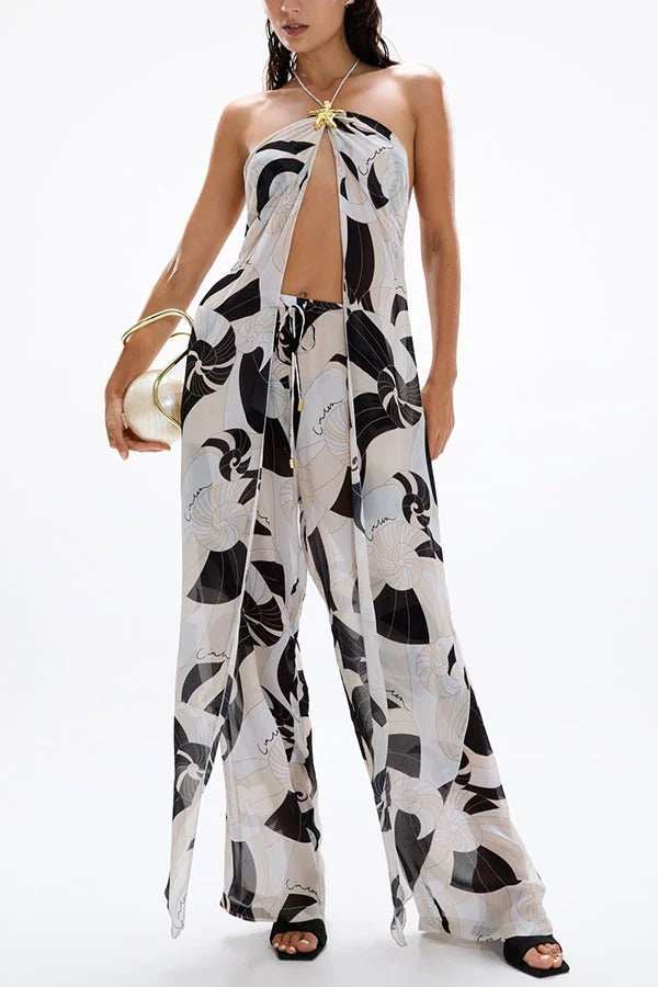 Adrenia Unique Print Metal Starfish Front Slit Halter Tank and Elastic Waist Loose Pants Set