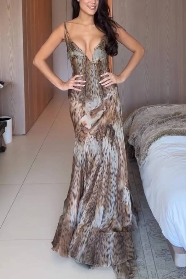 Plunging Deep V-Neck Animal Print Cami Mermaid Maxi Dress