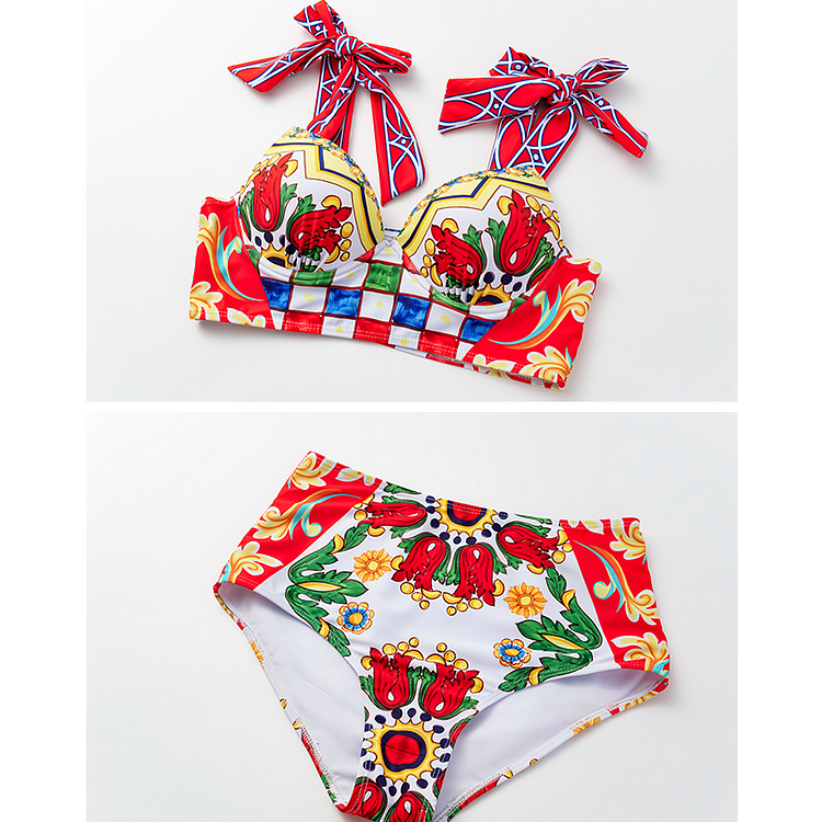 Bow-tie Paisley-print Bikini Swimsuit and Skirt