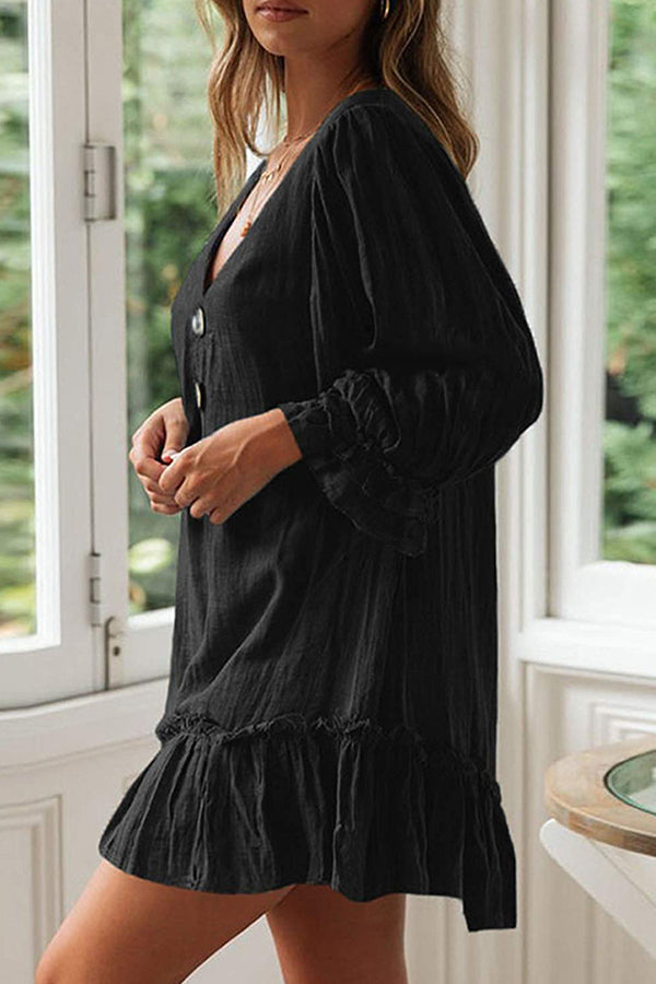 Loose Long Sleeve Ruffle Hem Cotton Linen Dress