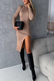 Morning Escape Knit Turtleneck Long Sleeve Slit Irregular Midi Dress