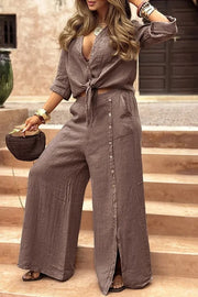 Solid Color Lapel Casual Button-down Shirt and Loose Pocket Slit Wide-leg Pants Set