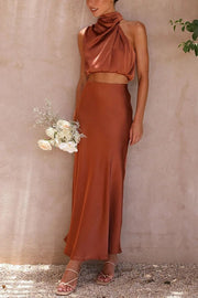 Such A Vibe High Neck Satin Drape Maxi Skirt Set