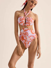 Women's high-waist one-piece swimsuit cover-up two-piece set