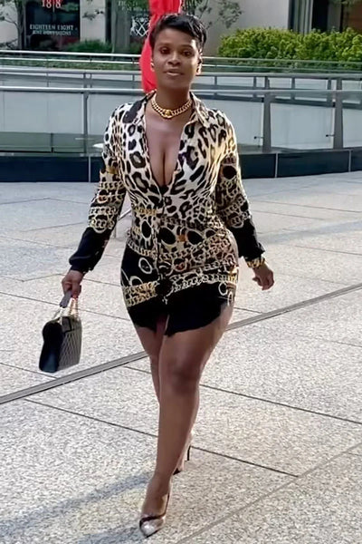 LEOPARD PRINT TURNDOWN COLLAR LONG SLEEVE BODYCON BLOUSE MINI DRESSES