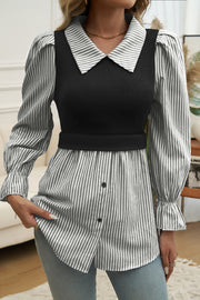 Women Fashionable Colorblock Striped Long Sleeve Blouse