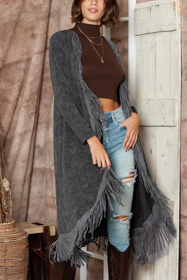 Mineral Washed Tassel Open Front Long Cardigan