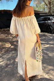 Sunveil Linen Blend Unique Print Puff Sleeve Pocket Strapless Maxi Dress